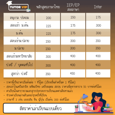 ราคาค่าเรียนแบบเดี่ยวแต่ละหลักสูตร Tutor-VIP